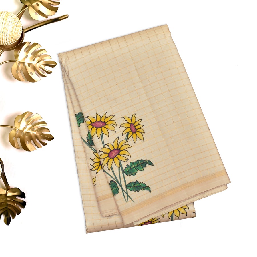 Off White Hand Painted Kanchi Silk Saree with Sunflower Design